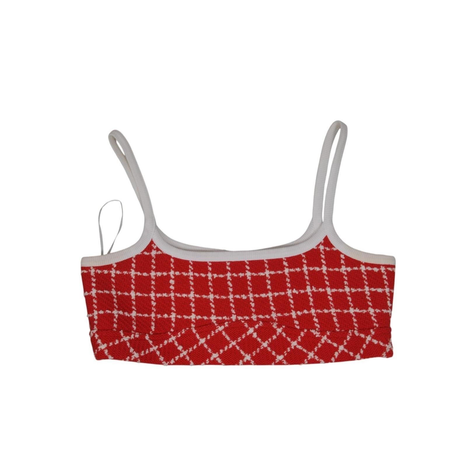 Chanel  23C Débardeur en tweed Monico Taille FR 38 Rouge Blanc Camisole à carreaux en vente 4