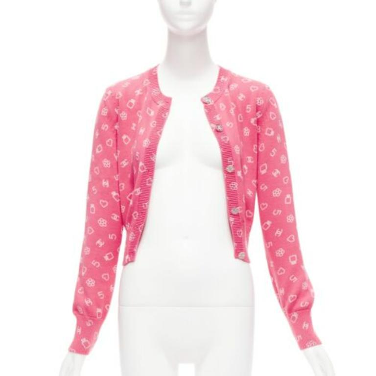 Pink CHANEL 23C pink Number 5 perfume CC logo cropped cardigan FR36 S