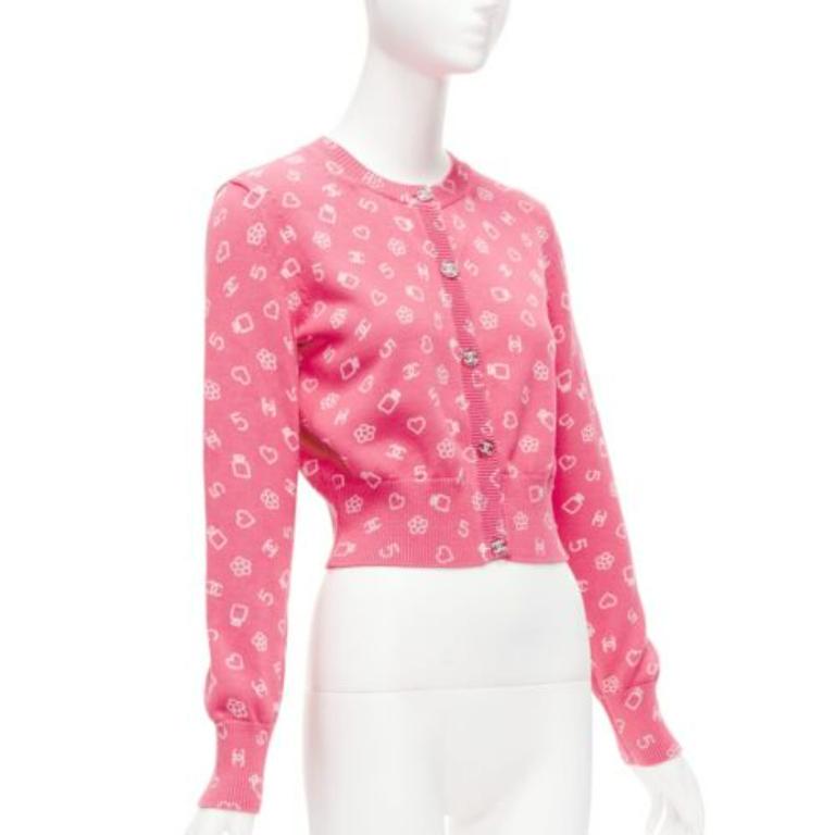 CHANEL 23C pink Number 5 perfume CC logo cropped cardigan FR36 S In New Condition In Hong Kong, NT