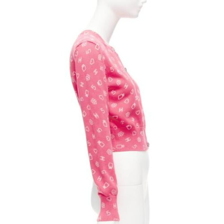 Women's CHANEL 23C pink Number 5 perfume CC logo cropped cardigan FR36 S