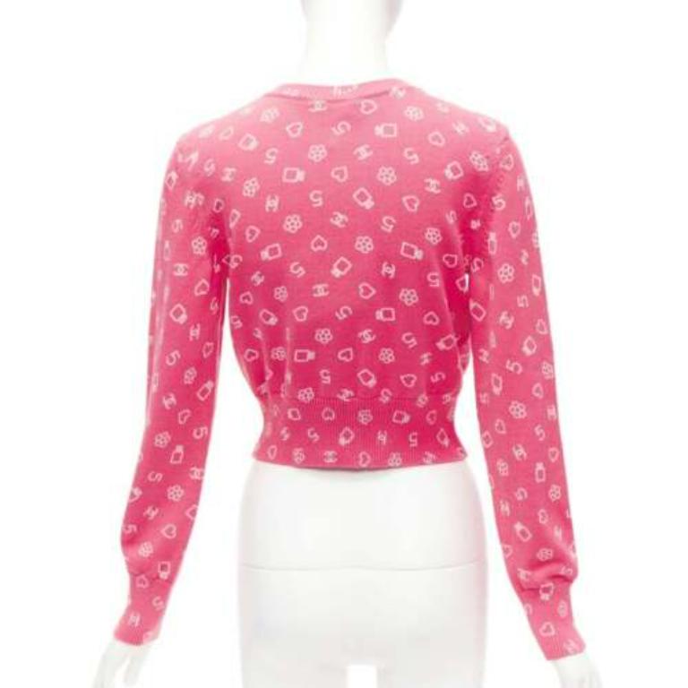 CHANEL 23C pink Number 5 perfume CC logo cropped cardigan FR36 S 1
