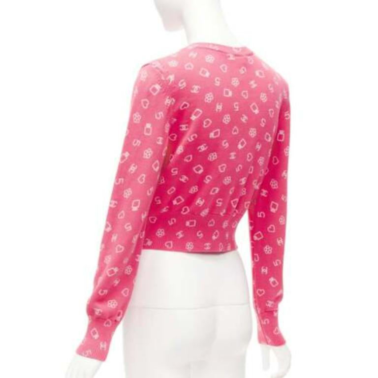 CHANEL 23C pink Number 5 perfume CC logo cropped cardigan FR36 S 2
