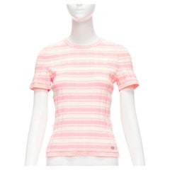 CHANEL 23C white pink stripe logo charm short sleeve ribbed sweater FR40 L
