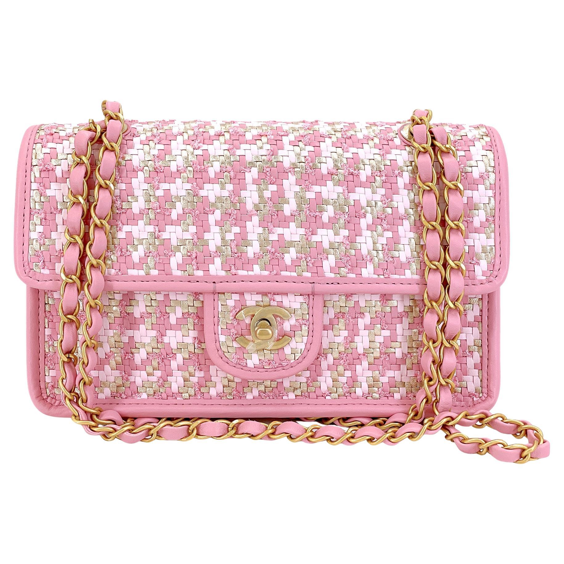 Chanel 23C Woven Houndstooth Pink Gold White Flap Bag GHW 68861