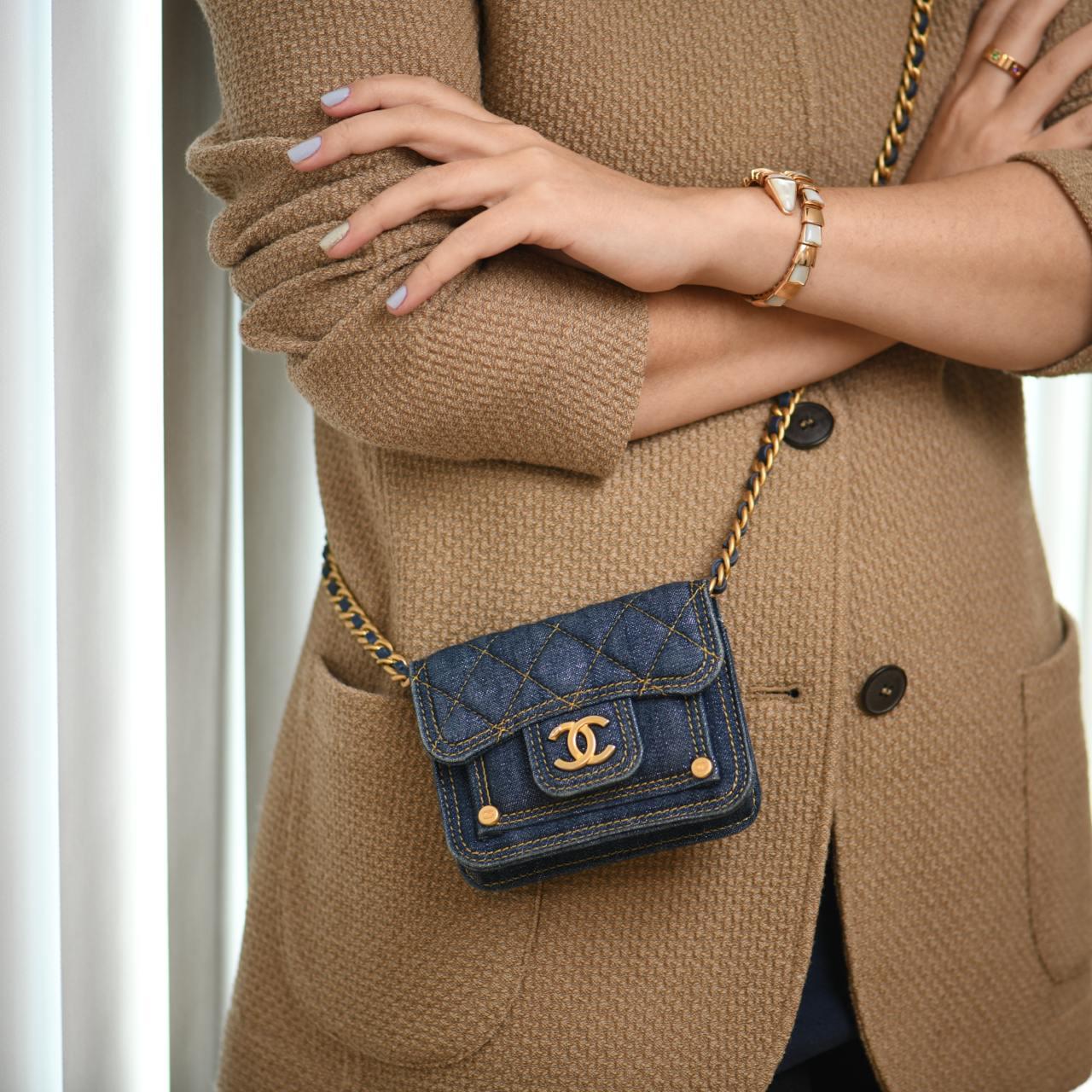 Black Chanel 23S Denim Quilted Card Holder Shoulder Bag For Sale