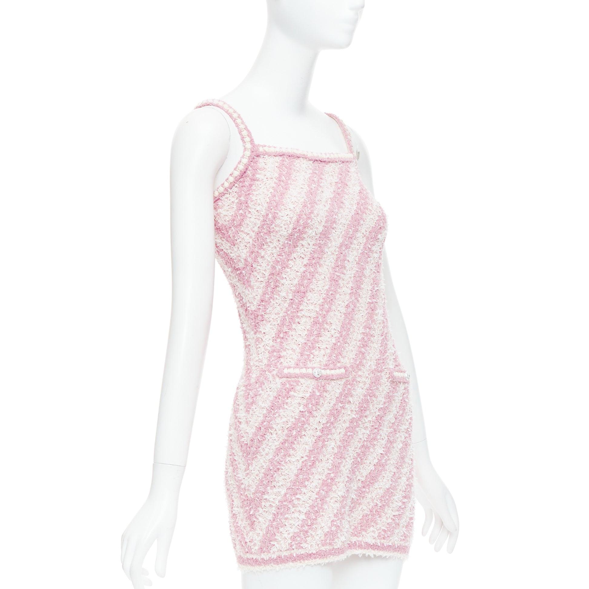 Beige CHANEL 23S pink white cotton blend striped tweed CC mini dress FR34 XS For Sale
