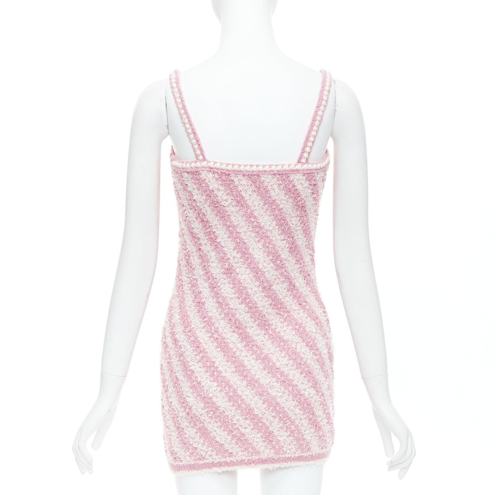Women's CHANEL 23S pink white cotton blend striped tweed CC mini dress FR34 XS For Sale