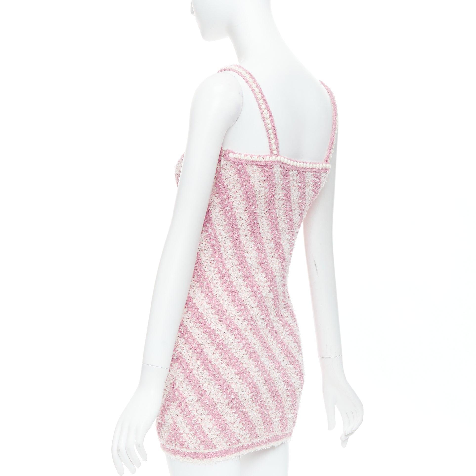 CHANEL 23S pink white cotton blend striped tweed CC mini dress FR34 XS For Sale 1