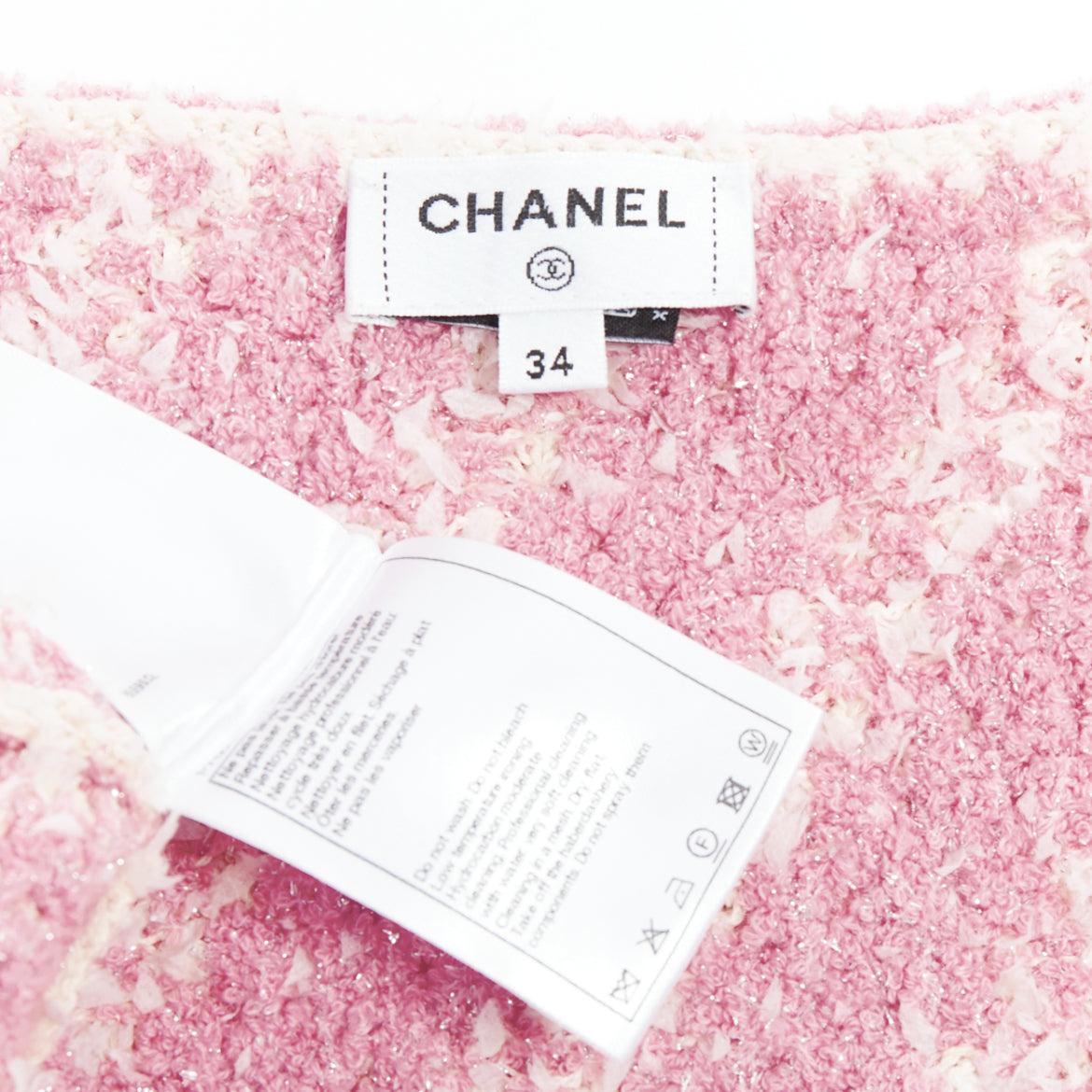 CHANEL 23S pink white cotton blend striped tweed CC mini dress FR34 XS For Sale 3