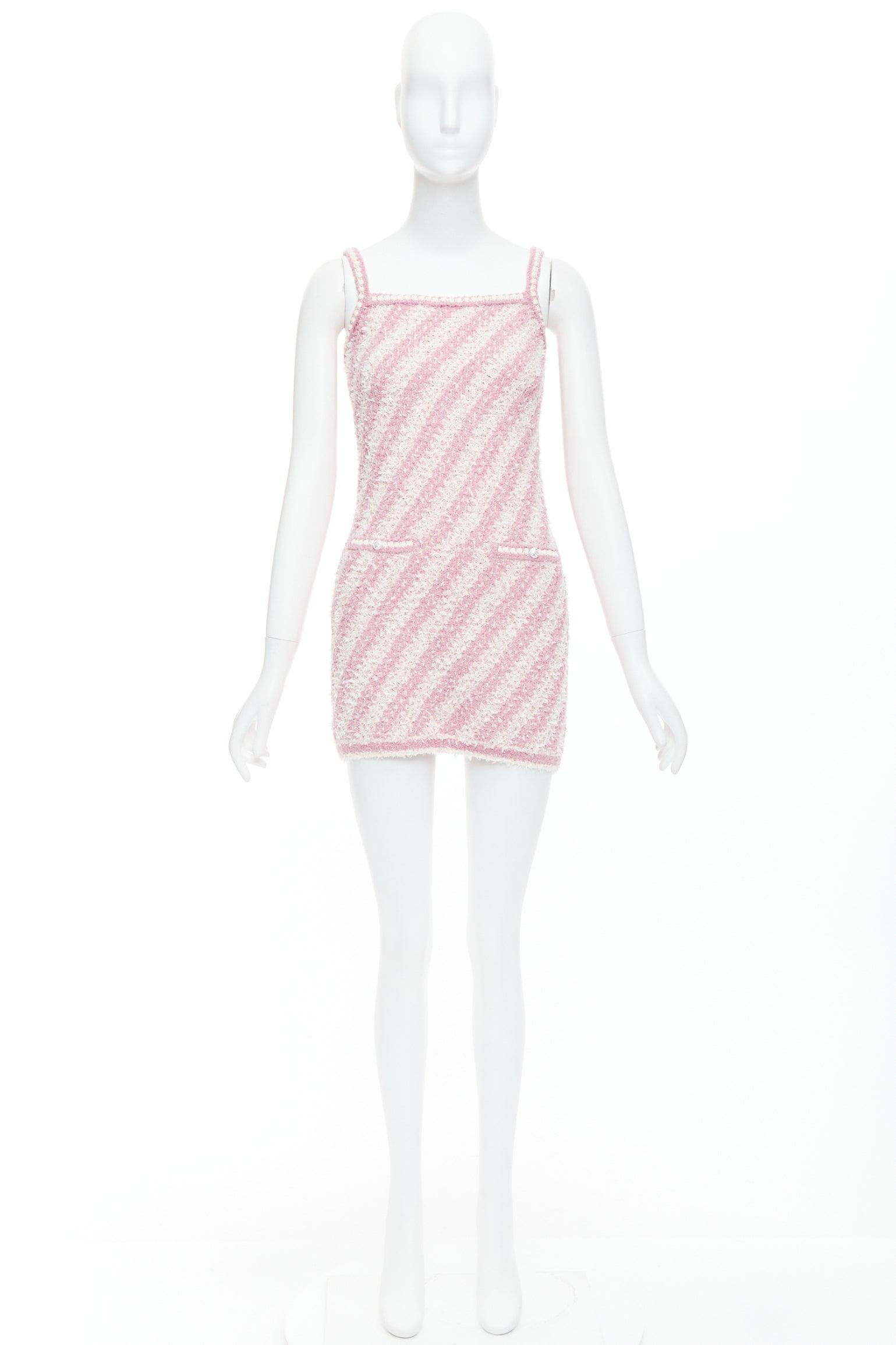 CHANEL 23S pink white cotton blend striped tweed CC mini dress FR34 XS For Sale 4