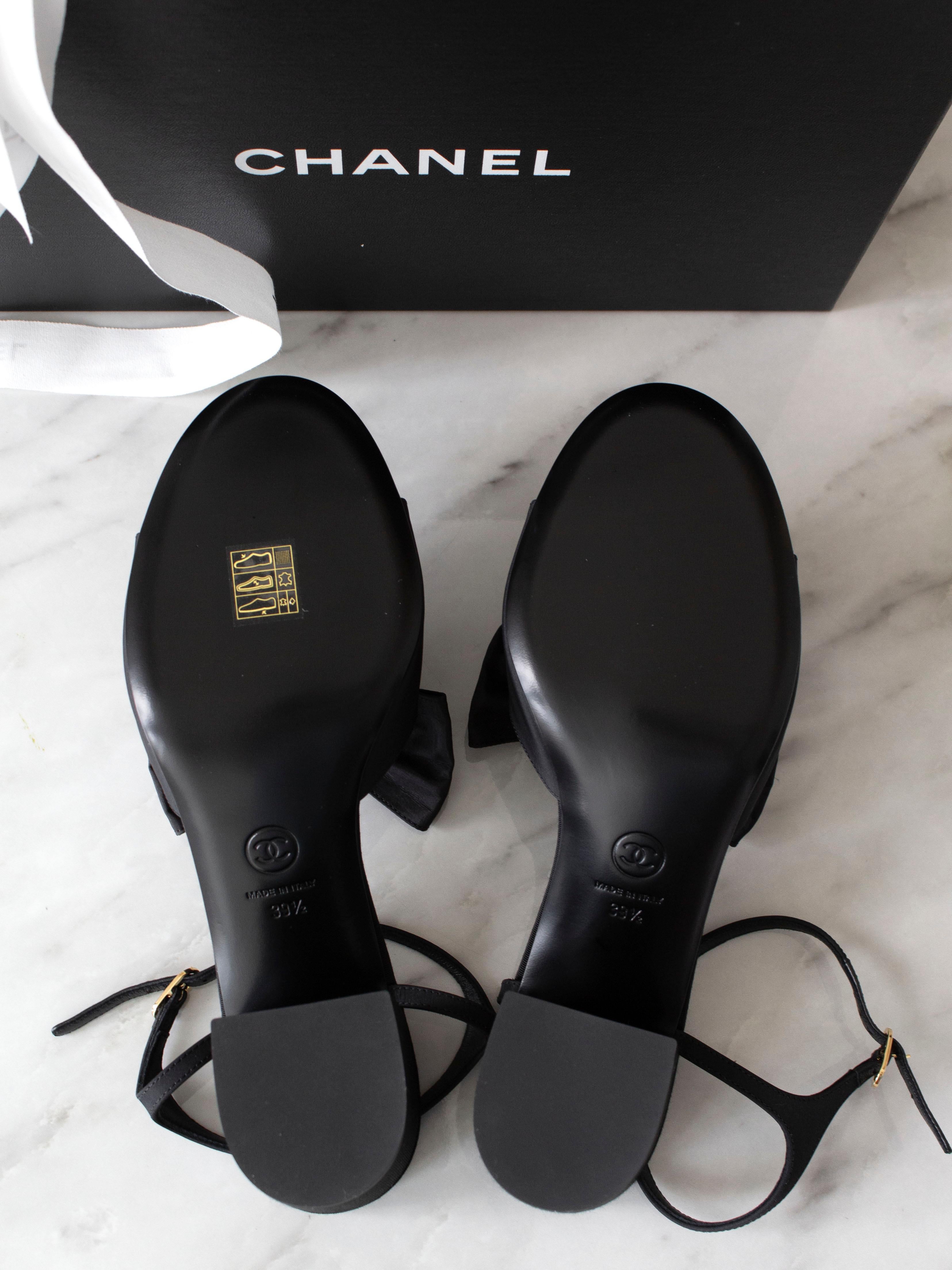 Chanel 24A Metiers D'Art 2024 Black Silk Bow Crystal CC Heels Sandals 7