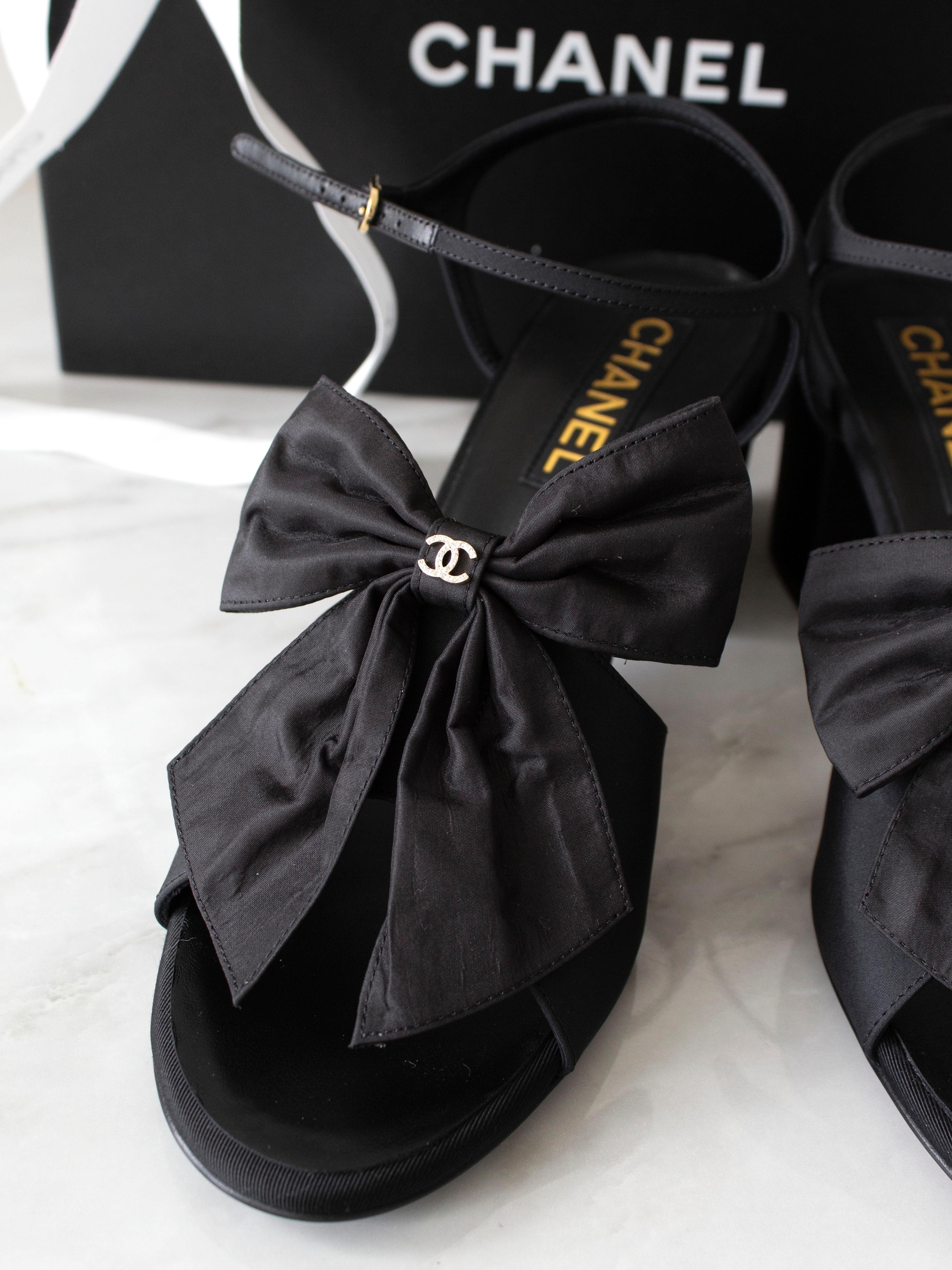 Women's Chanel 24A Metiers D'Art 2024 Black Silk Bow Crystal CC Heels Sandals