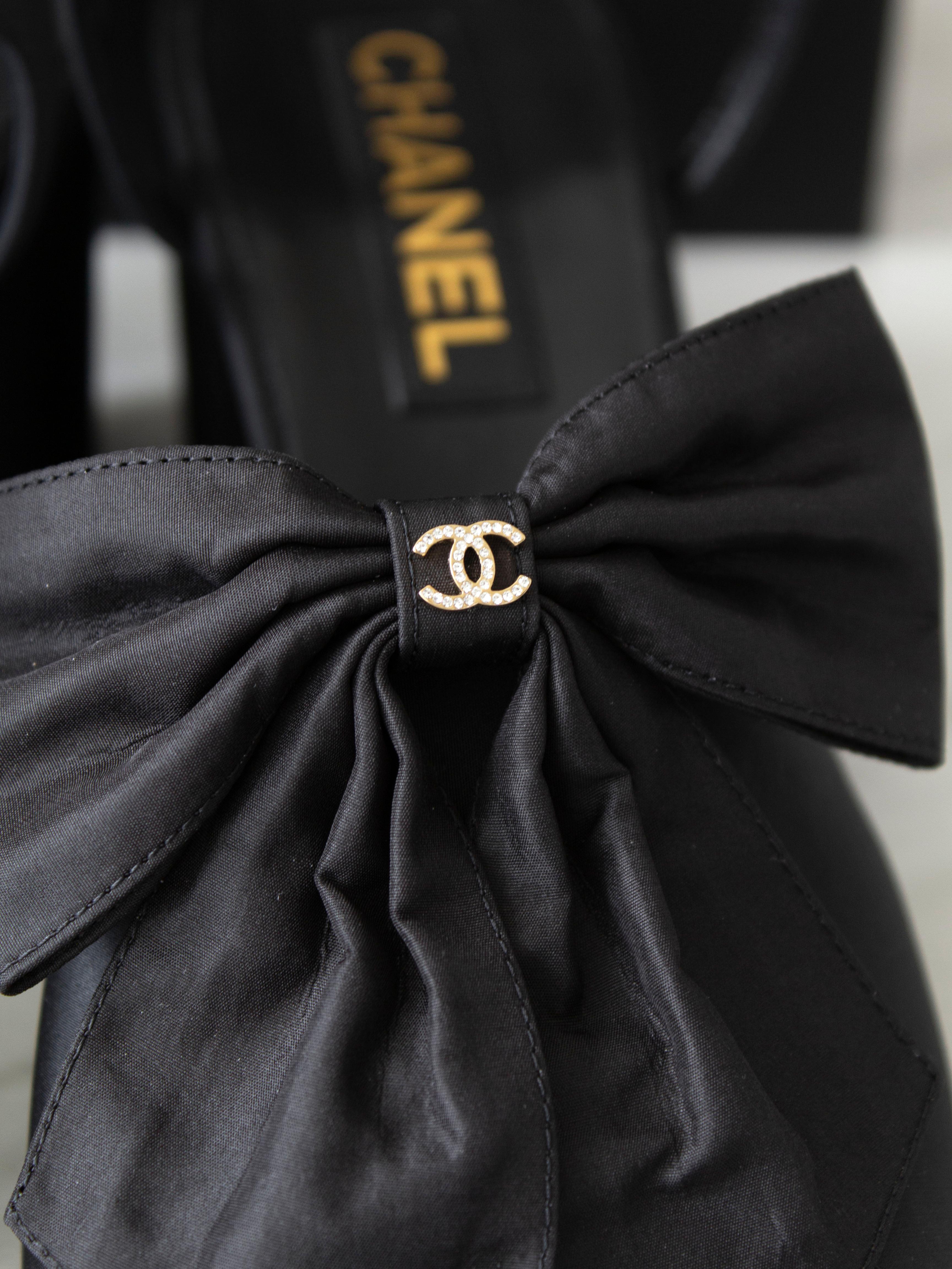 Chanel 24A Metiers D'Art 2024 Black Silk Bow Crystal CC Heels Sandals 1