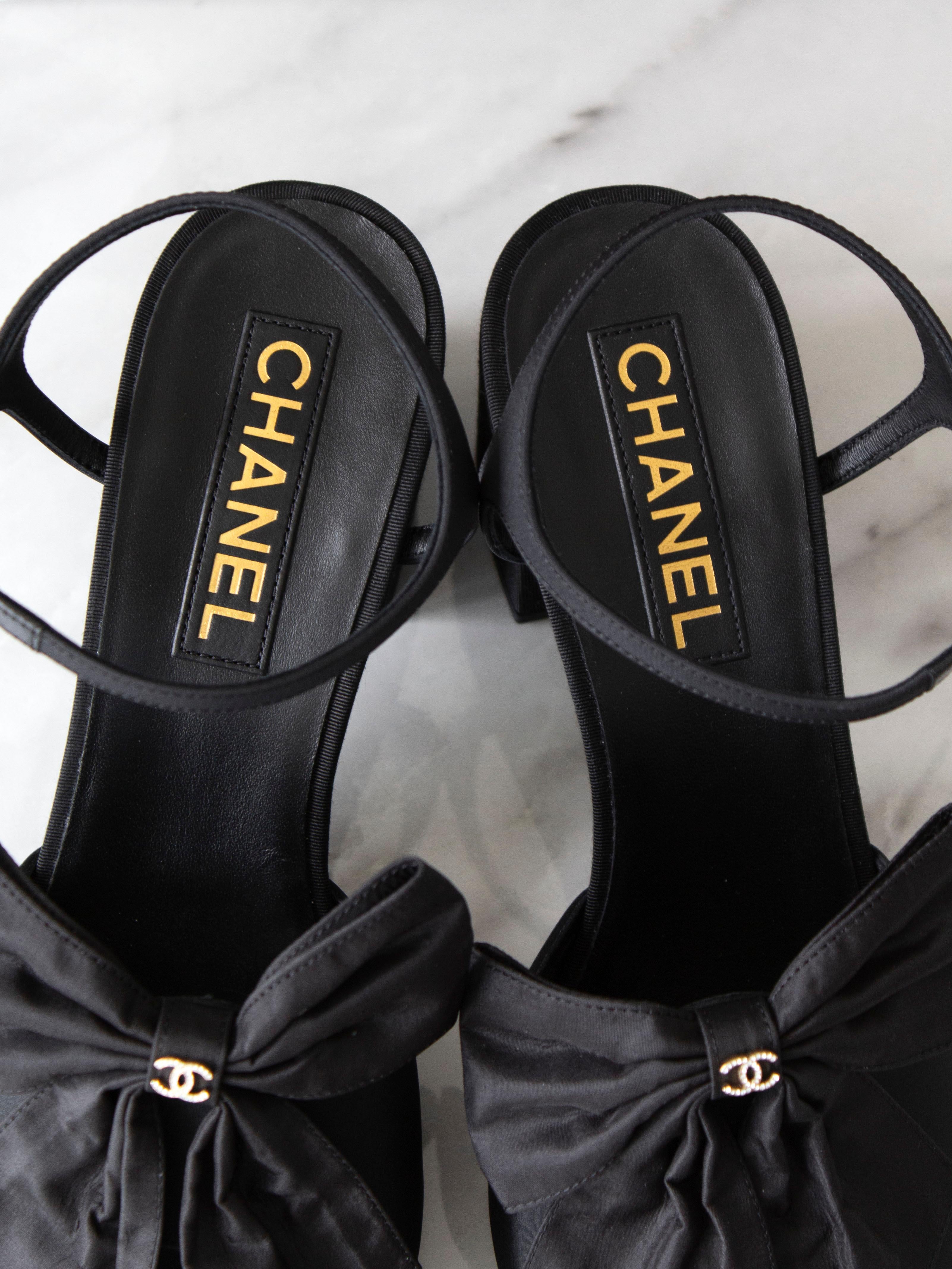 Chanel 24A Metiers D'Art 2024 Black Silk Bow Crystal CC Heels Sandals 6