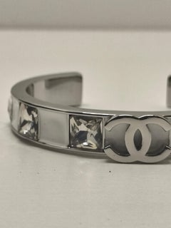 Chanel 24A White Enamel Square Bangle with Rhinestone CC Logo