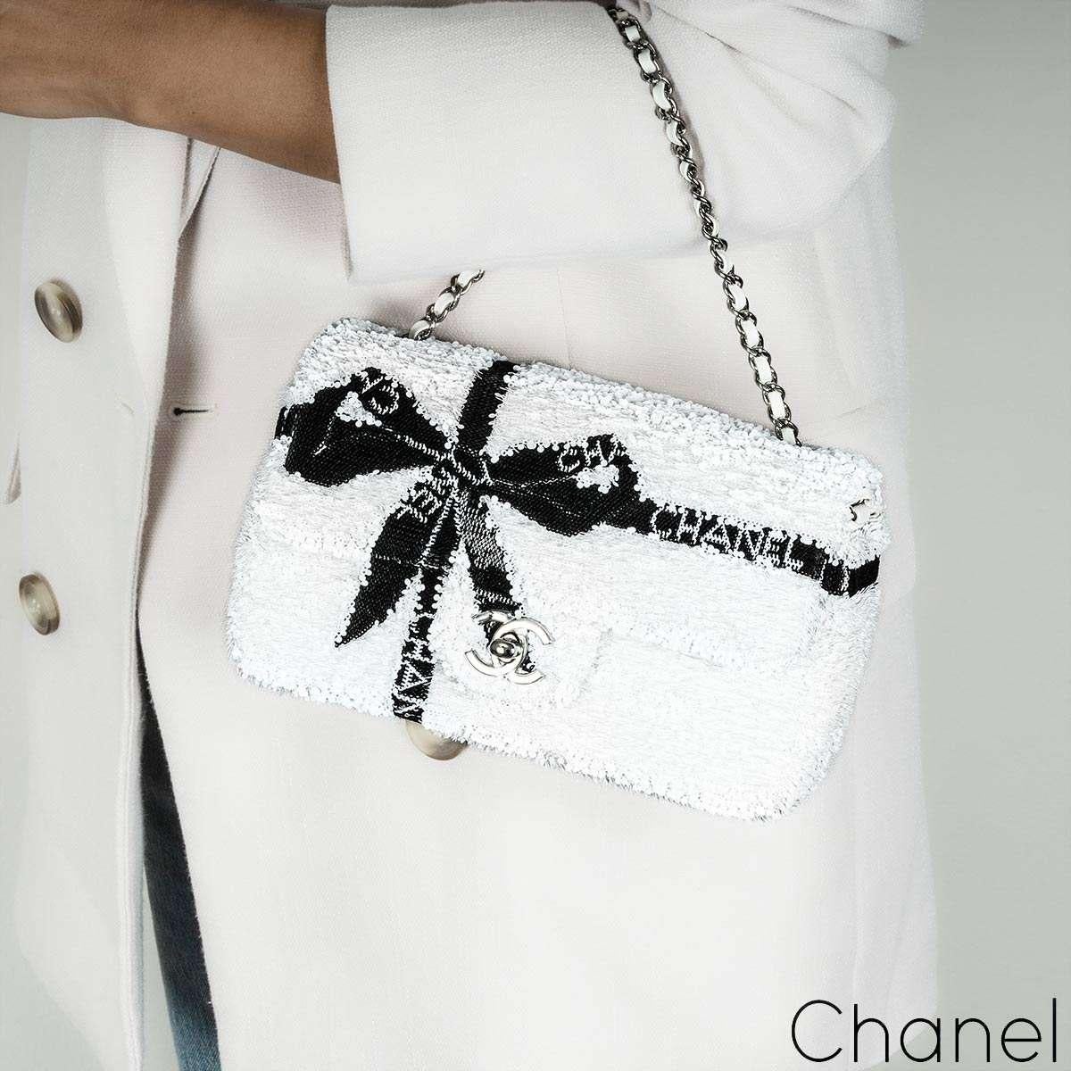 Chanel 24B White & Black Sequin Bow Mini Flap Silver Hardware Bag For Sale 5