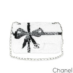 Chanel 24B White & Black Sequin Bow Mini Flap Silver Hardware Bag