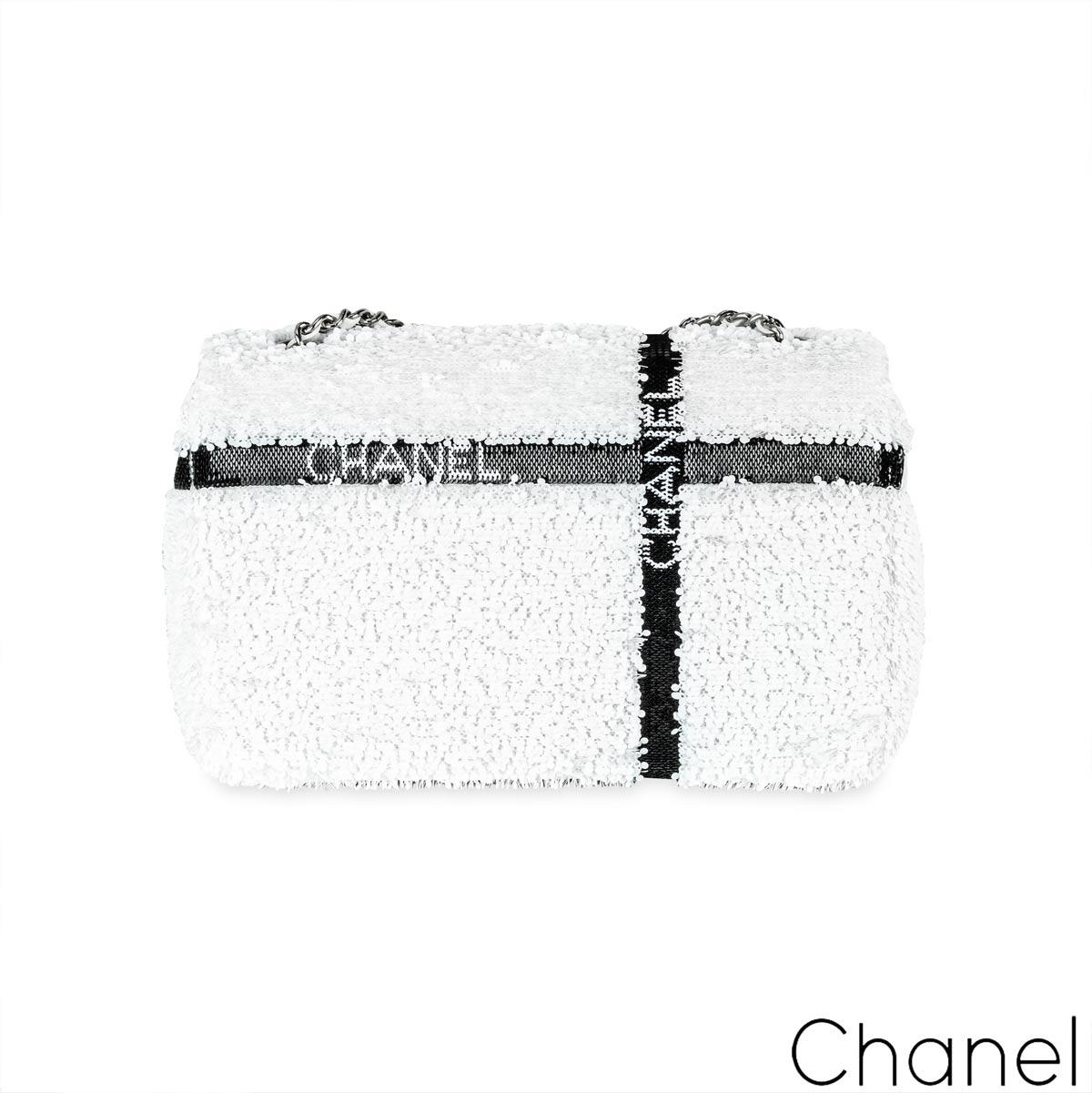 Gray Chanel 24B White & Black Sequin Bow Mini Flap Silver Hardware Bag For Sale
