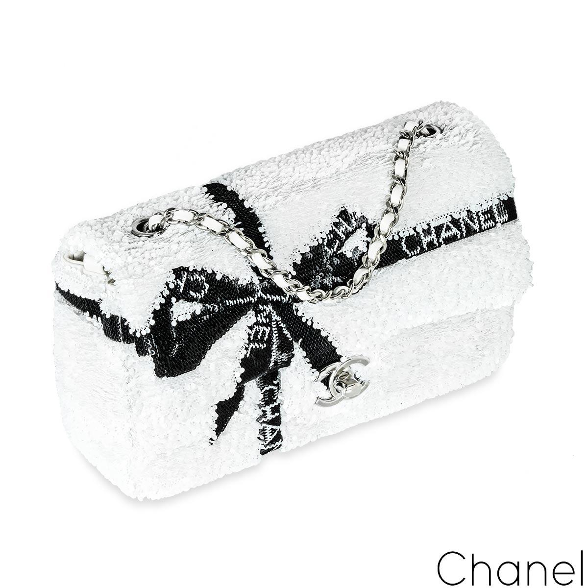 Chanel 24B White & Black Sequin Bow Mini Flap Silver Hardware Bag In New Condition For Sale In London, GB