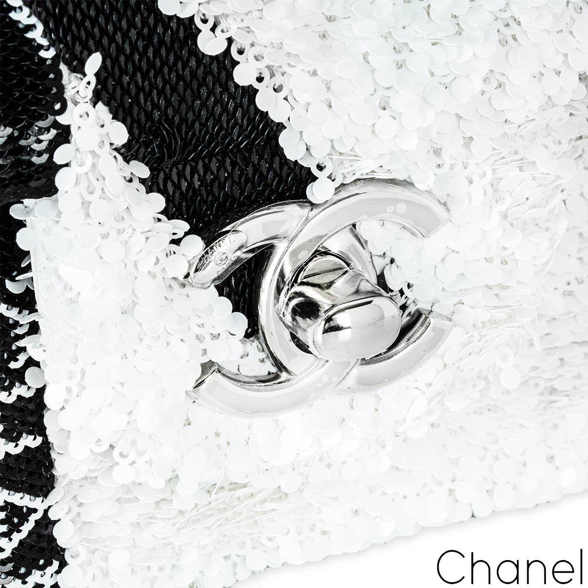 Women's Chanel 24B White & Black Sequin Bow Mini Flap Silver Hardware Bag For Sale