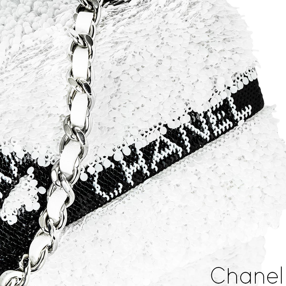 Chanel 24B White & Black Sequin Bow Mini Flap Silver Hardware Bag For Sale 1