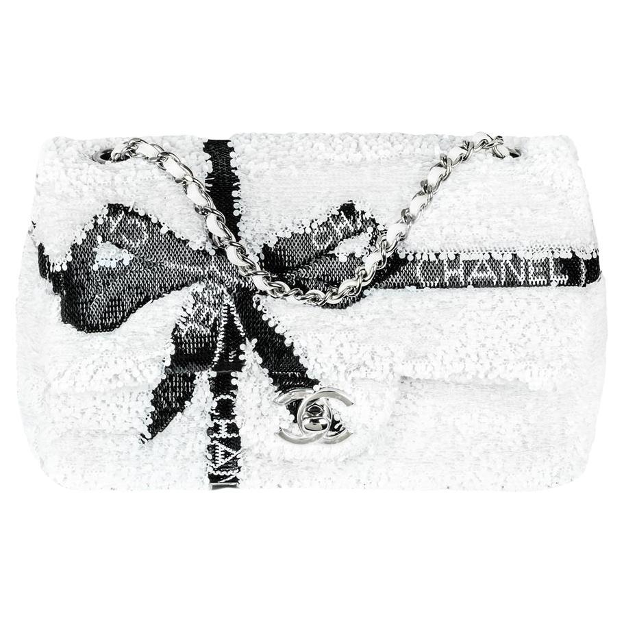 Chanel 24B White & Black Sequin Bow Mini Flap Silver Hardware Bag