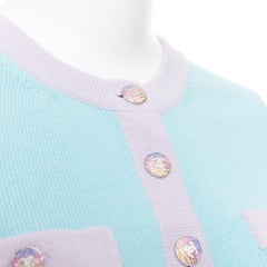 CHANEL 24C 100% cashmere pastel blue contrast trim glitter CC cropped cardigan F