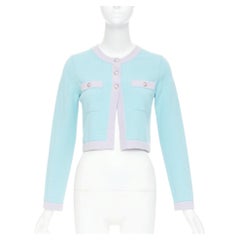 CHANEL 24C 100% cashmere pastel blue contrast trim glitter CC cropped cardigan F