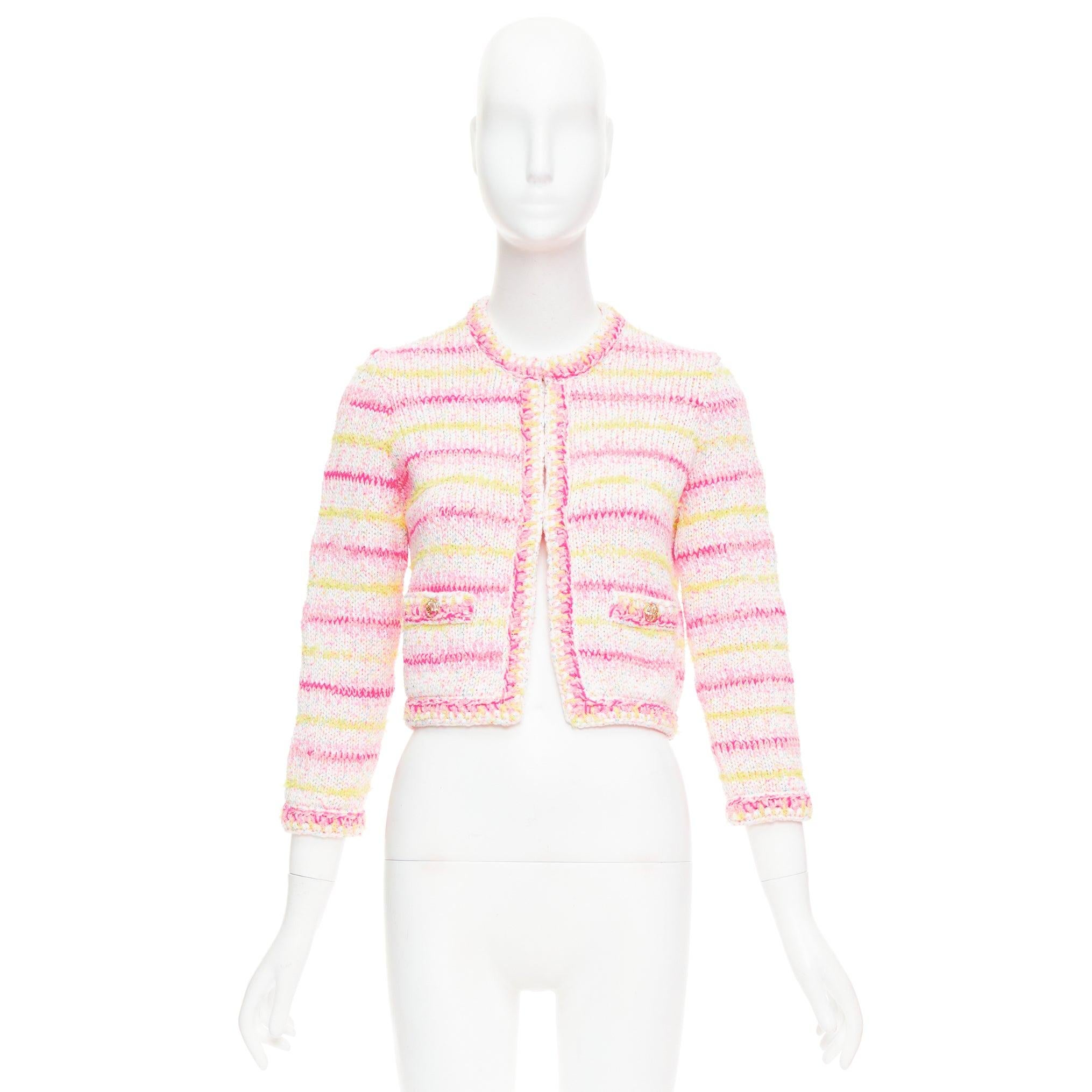 CHANEL 24C Coco Heart pink crochet tweed trim cardigan jacket FR34 XS For Sale 5