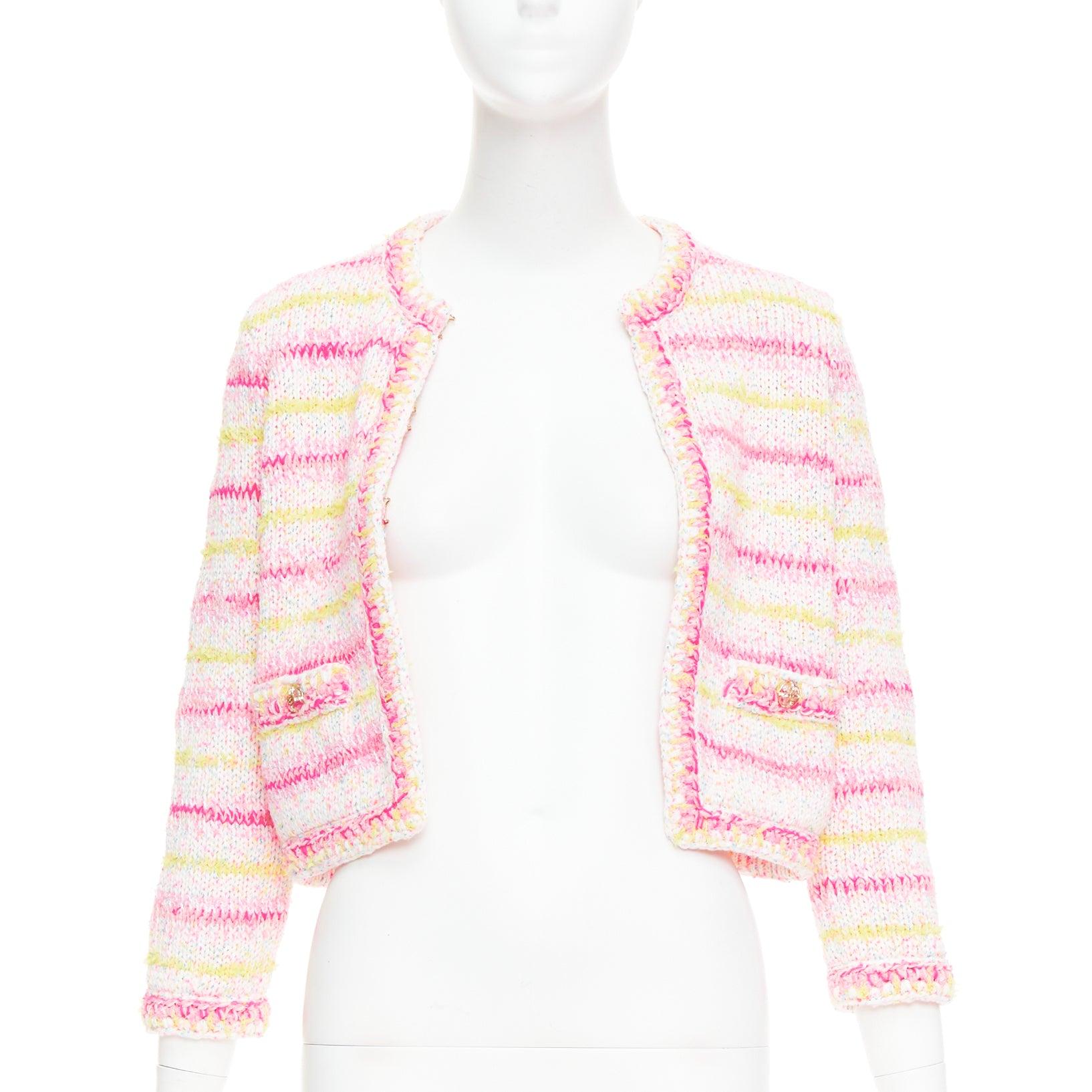 Beige CHANEL 24C Coco Heart pink crochet tweed trim cardigan jacket FR34 XS For Sale