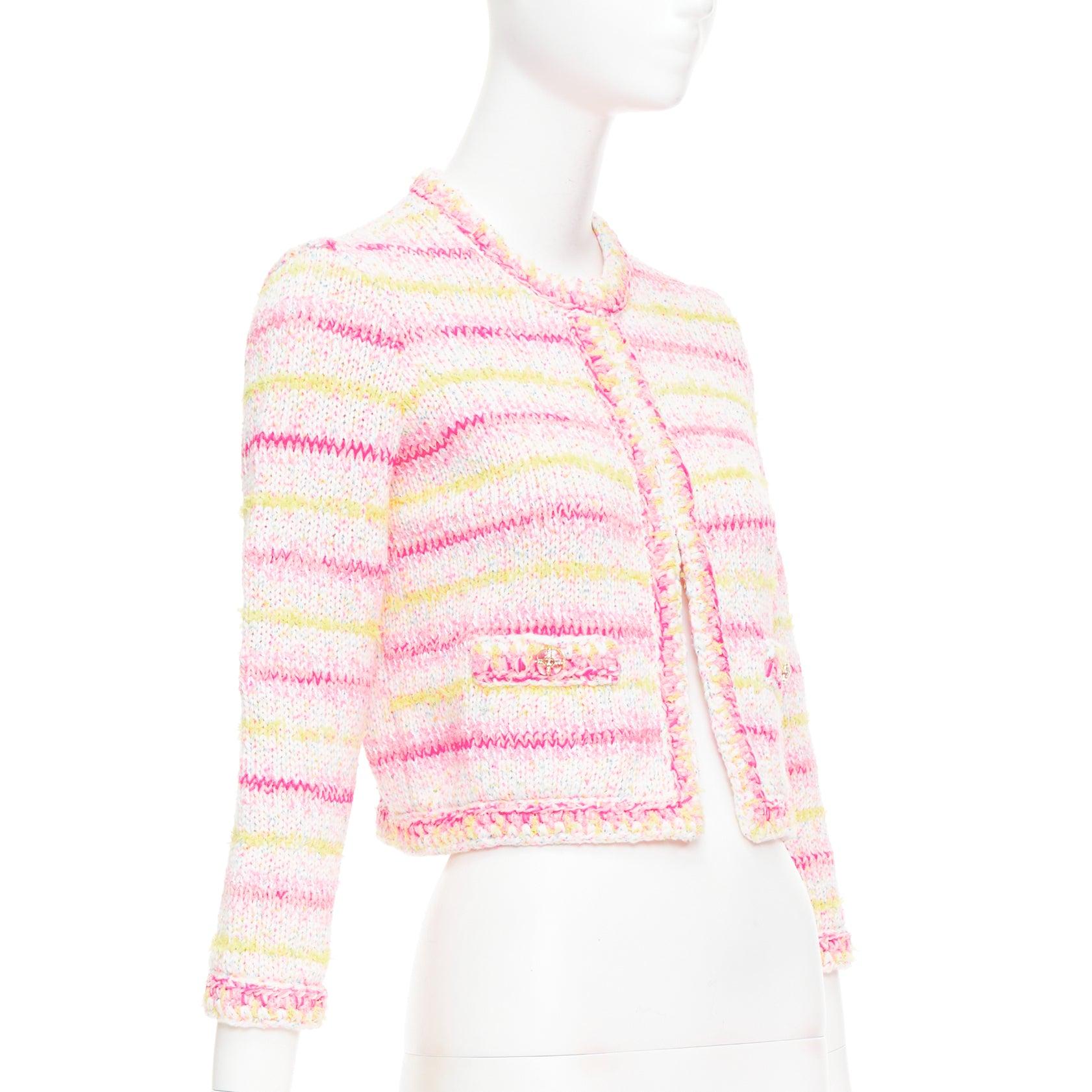 CHANEL 24C Coco Heart pink crochet tweed trim cardigan jacket FR34 XS In Excellent Condition For Sale In Hong Kong, NT
