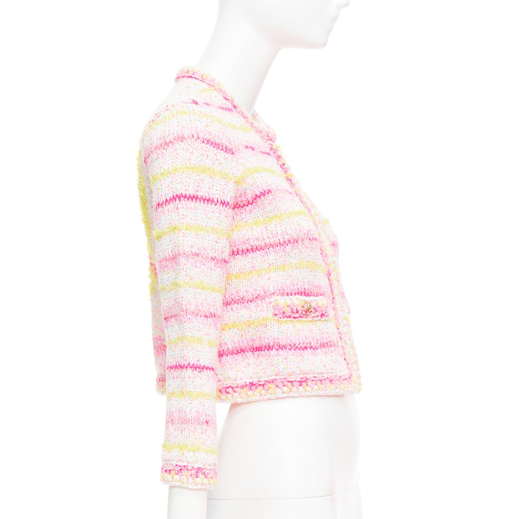 Women's CHANEL 24C Coco Heart pink crochet tweed trim cardigan jacket FR34 XS For Sale