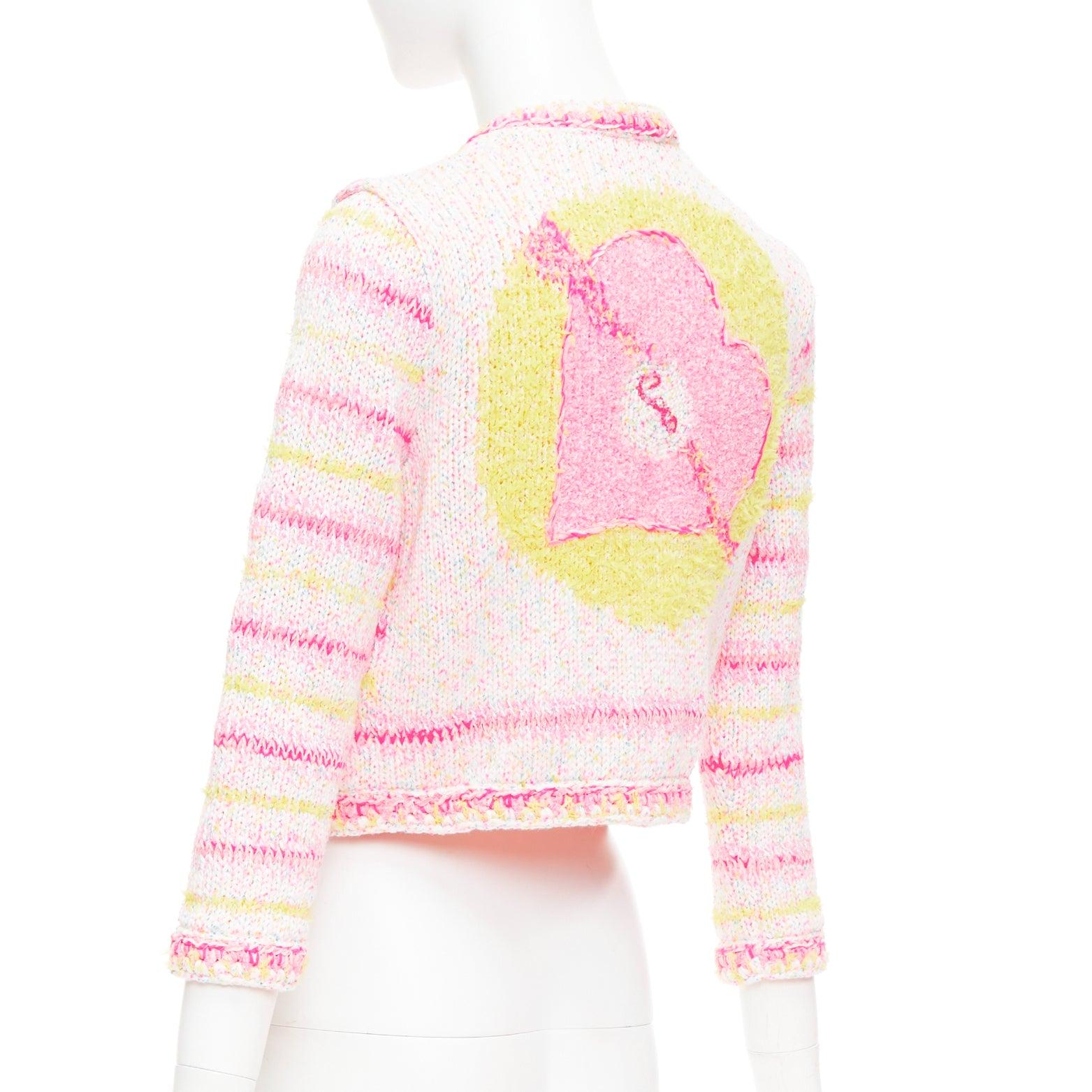 CHANEL 24C Coco Heart pink crochet tweed trim cardigan jacket FR34 XS For Sale 1