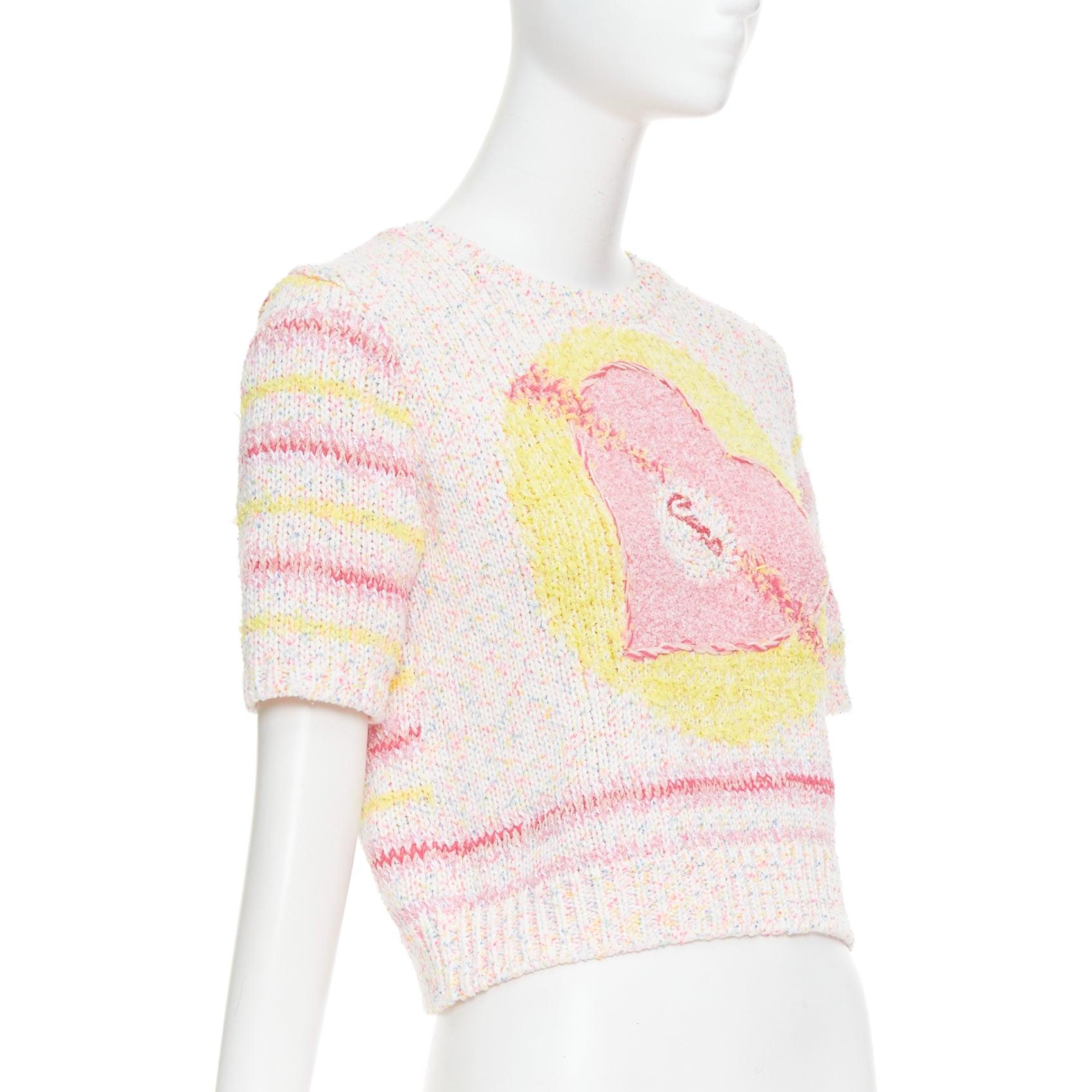White CHANEL 24C Coco Love light pink yellow cotton blend crop sweater FR38 M