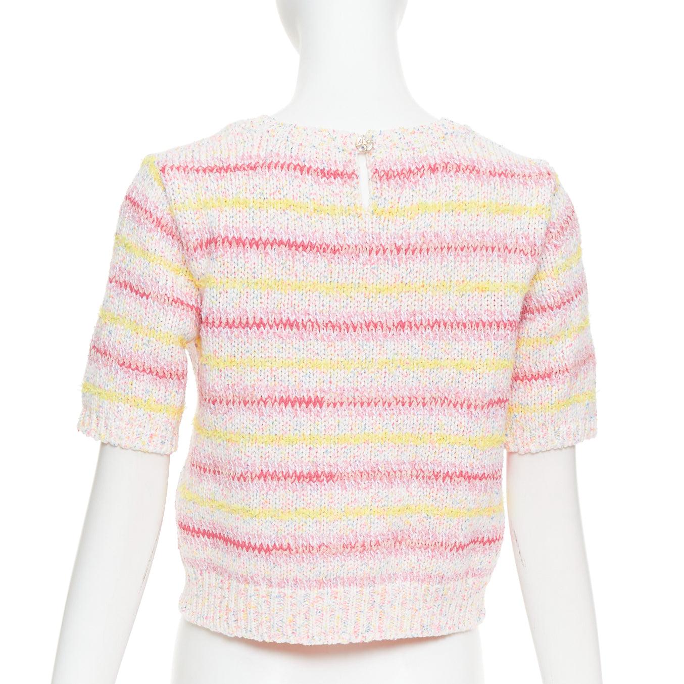 Women's CHANEL 24C Coco Love light pink yellow cotton blend crop sweater FR38 M