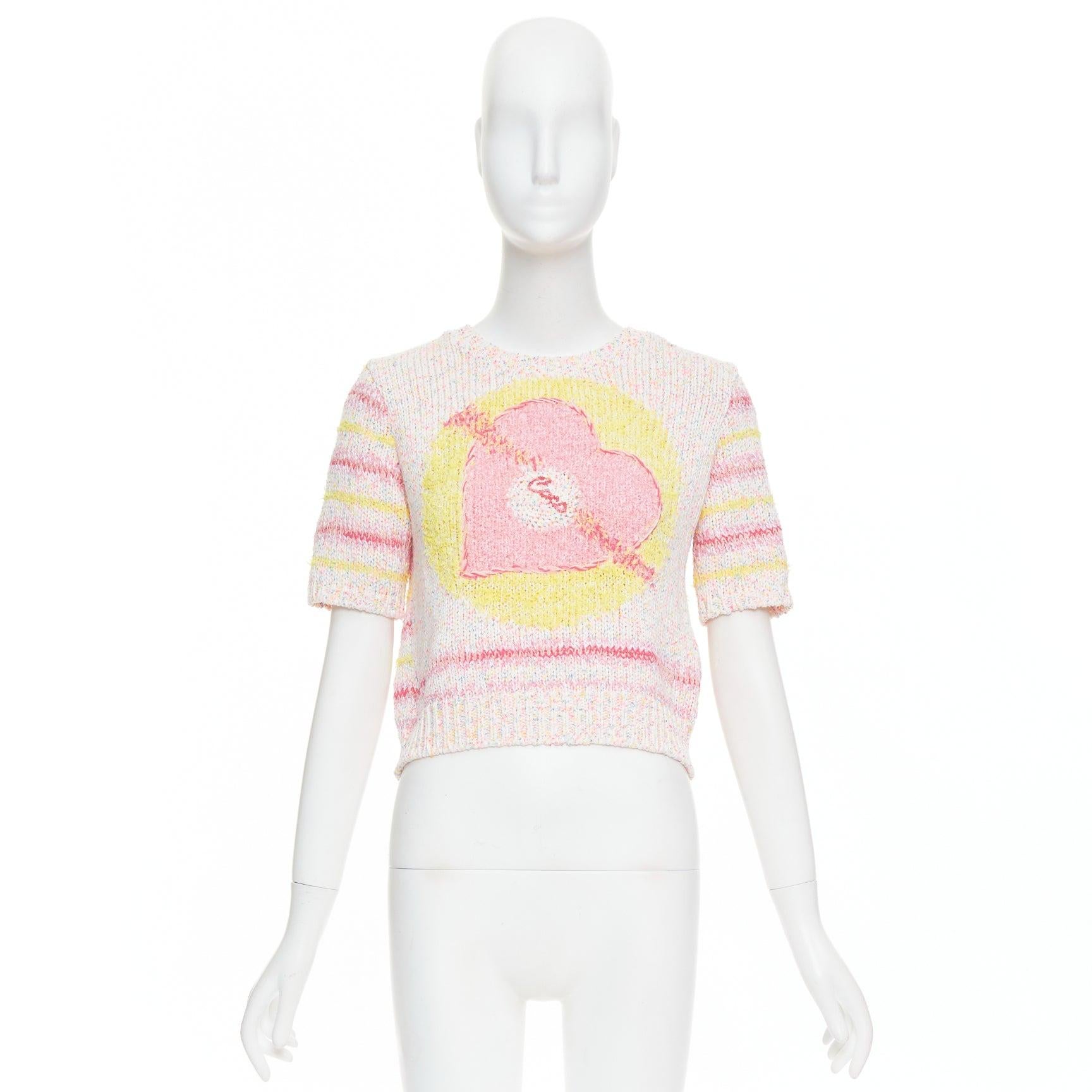 CHANEL 24C Coco Love light pink yellow cotton blend crop sweater FR38 M 4