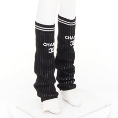 CHANEL 24C Runway CC logo black white ribbed knit striped trim leg warmers OS