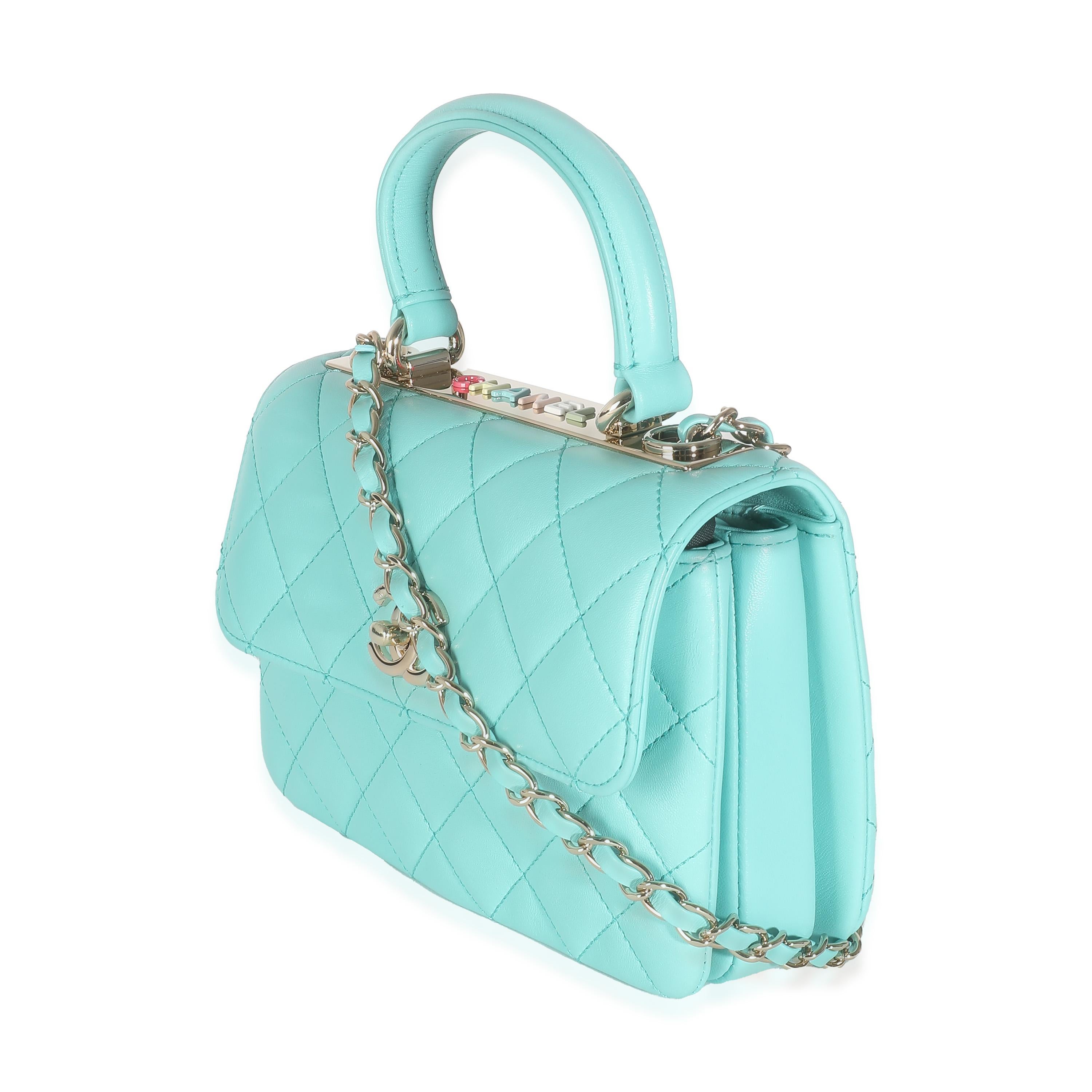 Chanel 24C Turquoise Quilted Lambskin Mini Trendy Top Handle In Excellent Condition For Sale In New York, NY