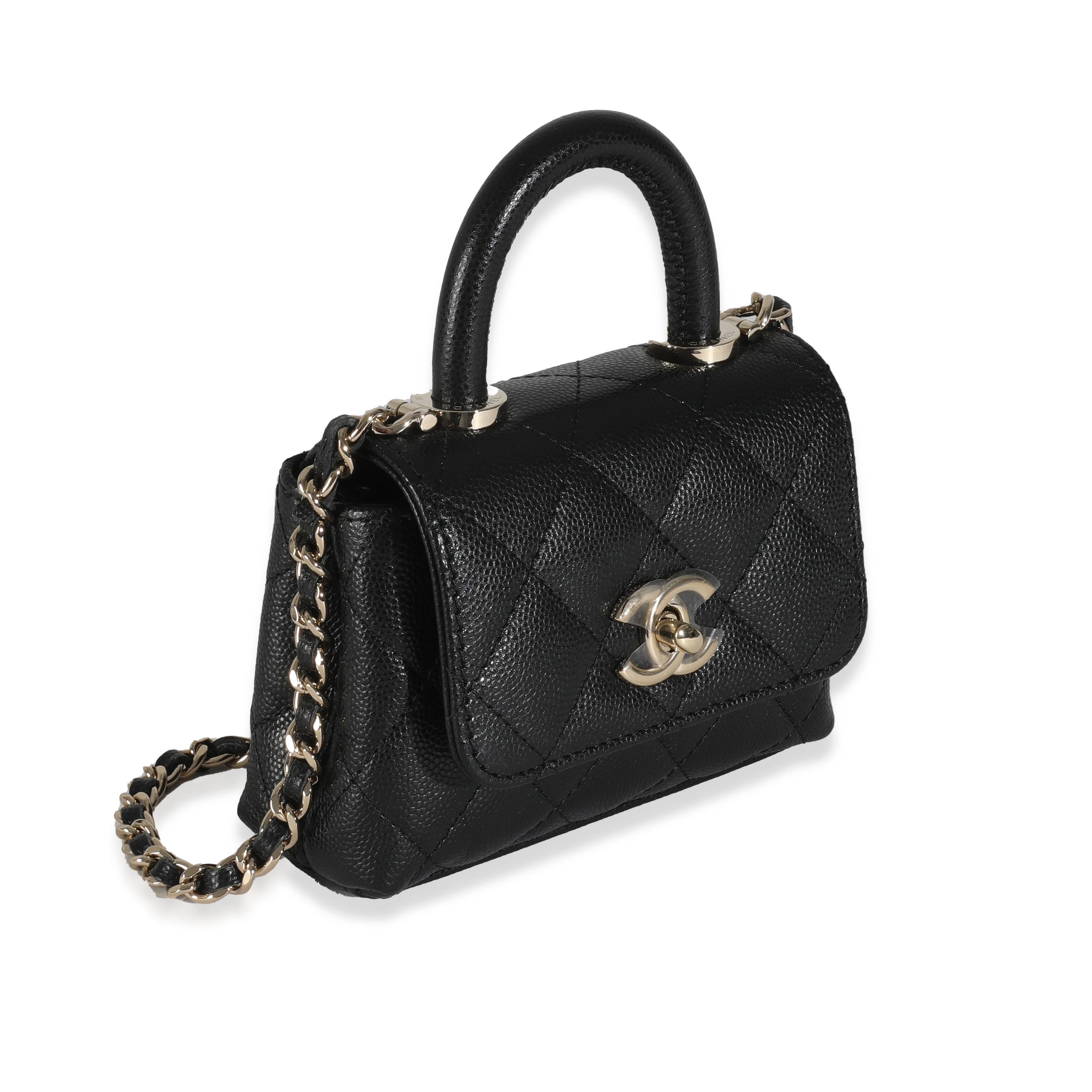 Chanel 24K Black Quilted Caviar Coco Top Handle Clutch With Chain Handbag In Excellent Condition For Sale In New York, NY