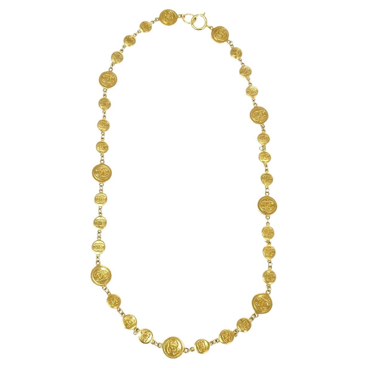 CHANEL 24K Gold Metal Plated Charm Coin Long Chain Necklace 