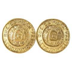 Chanel 24k Gold Plated CC Logo Around Crest Shield Earrings 25cc824s
