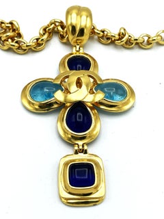 Chanel 24K Gold Plated Cross Necklace with Gripoix Glass, 1997