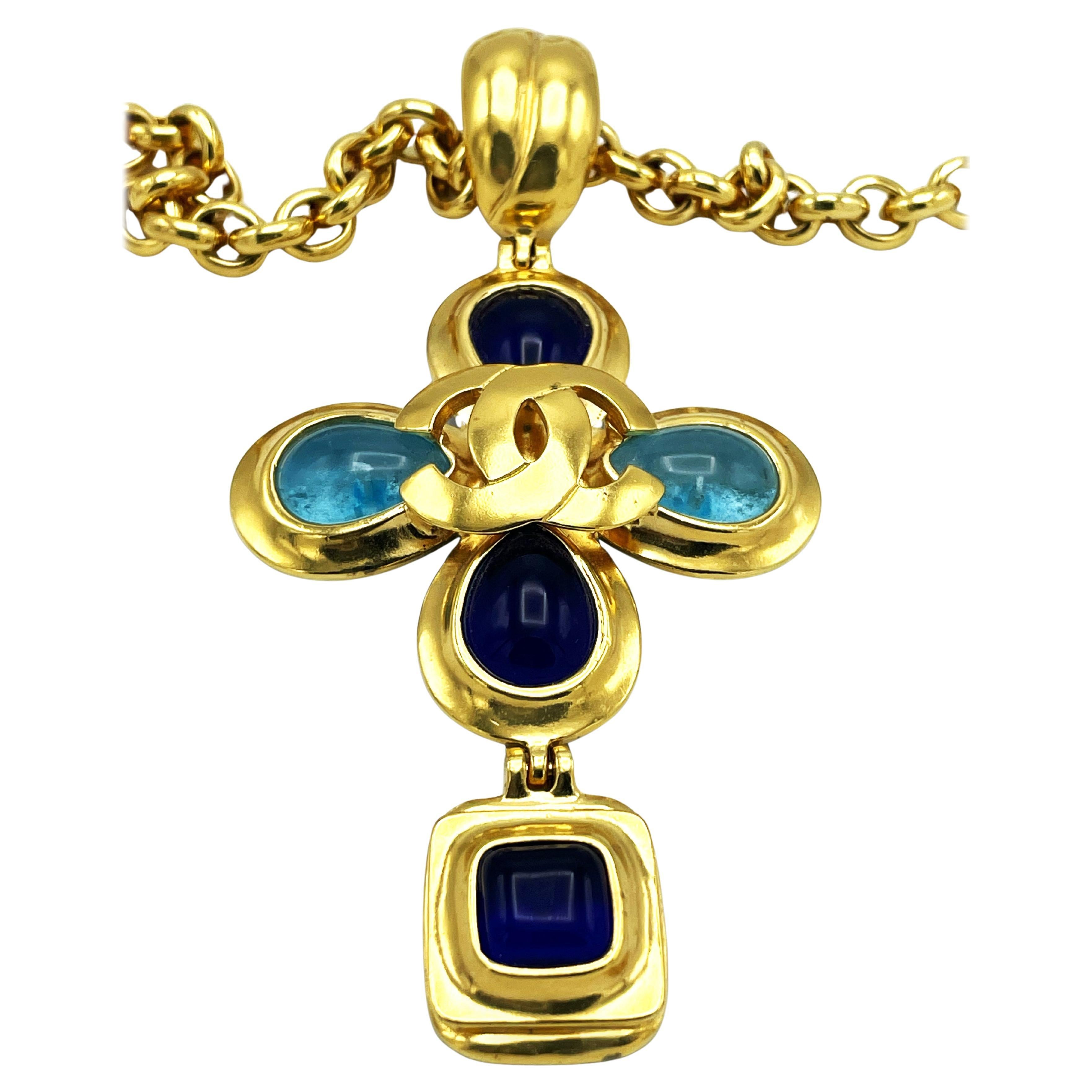 Chanel 24K Gold Plated Cross Necklace with Gripoix Glass, 1997