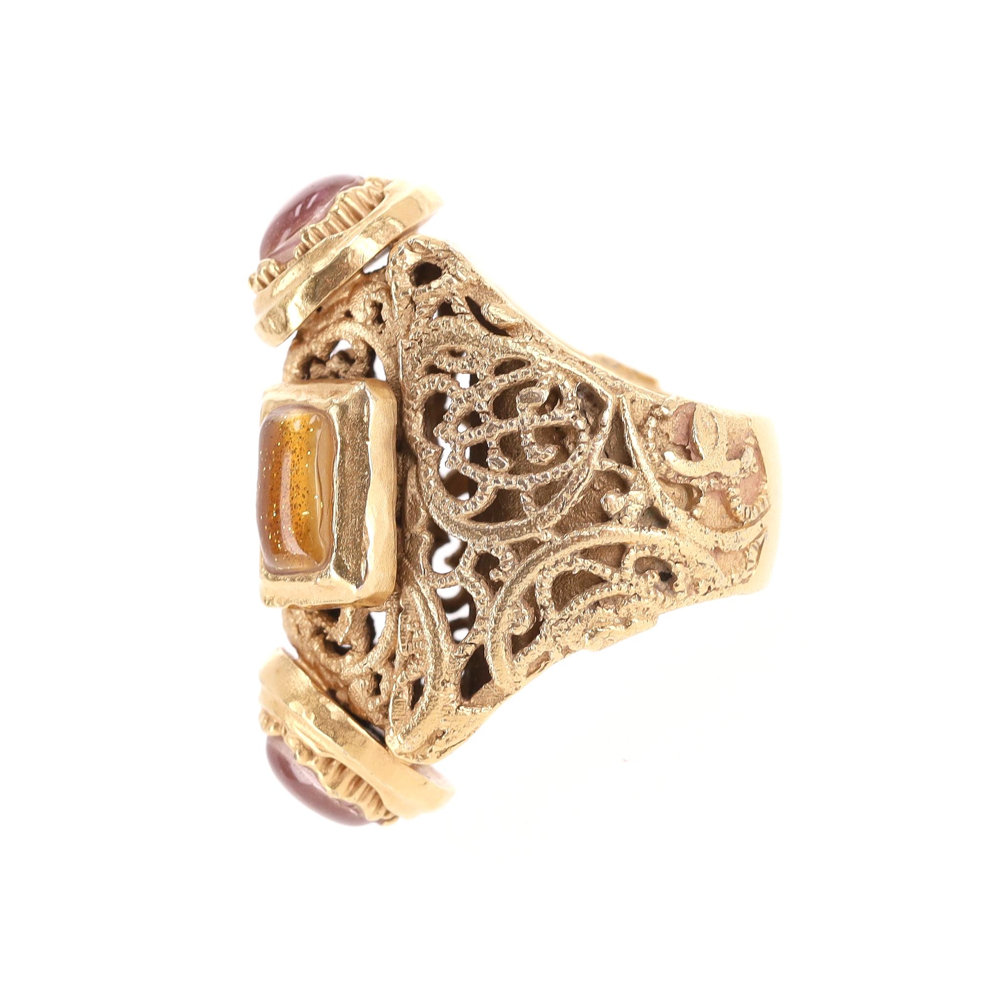 Chanel 24k Gold Plated Gripoix Cabouchon Cruise Collection Ring For Sale 2