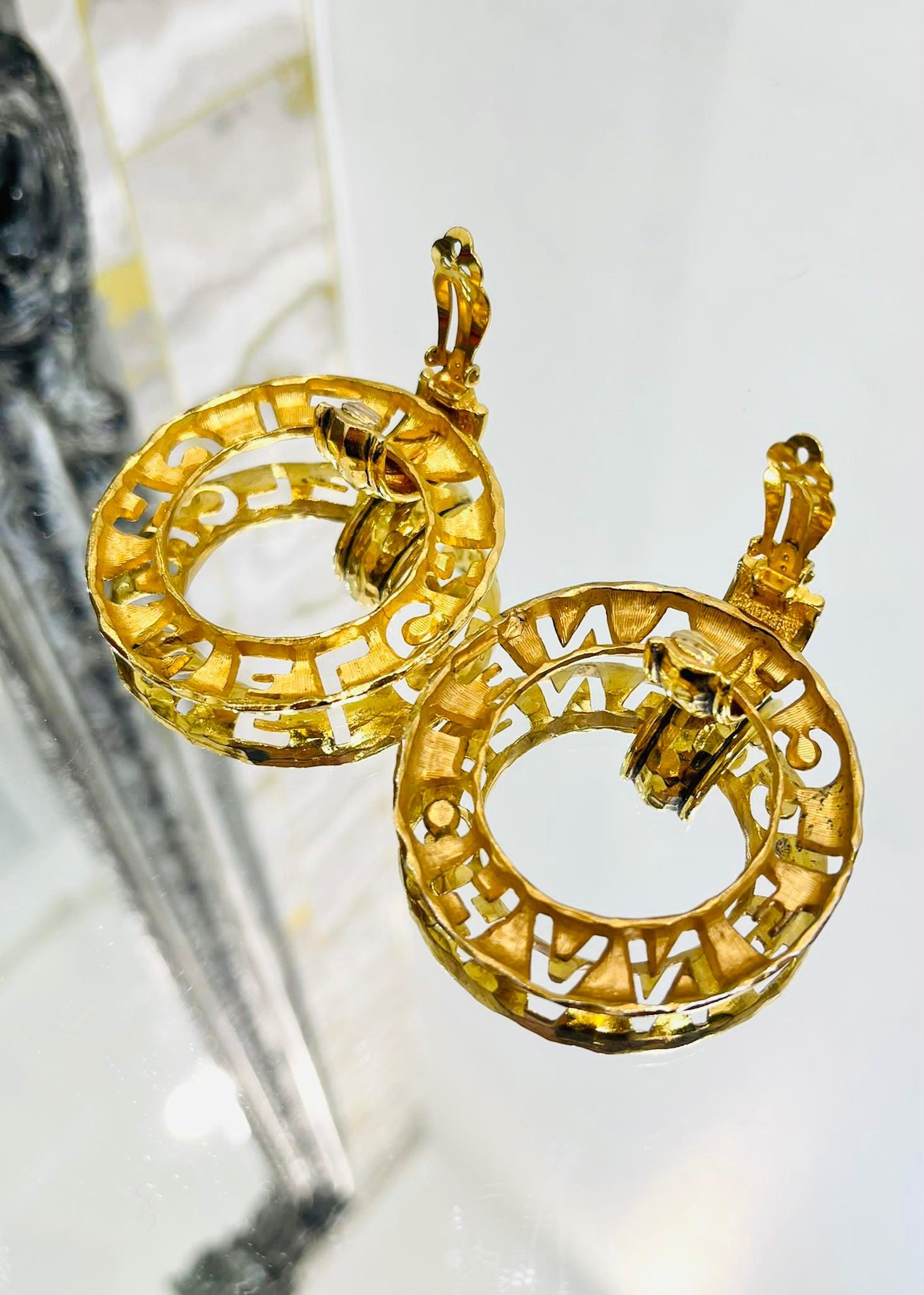 Chanel 24k Gold Plated Logo Vintage 1980's Earrings In Excellent Condition In London, GB