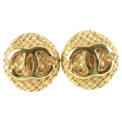 Chanel 24k Gold Plated Raffia Quilted CC Logo Earrings 25ck810s