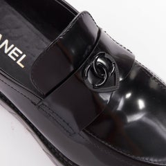 CHANEL 24K Heart CC black  leather quilted platform penny loafers shoes EU39.5