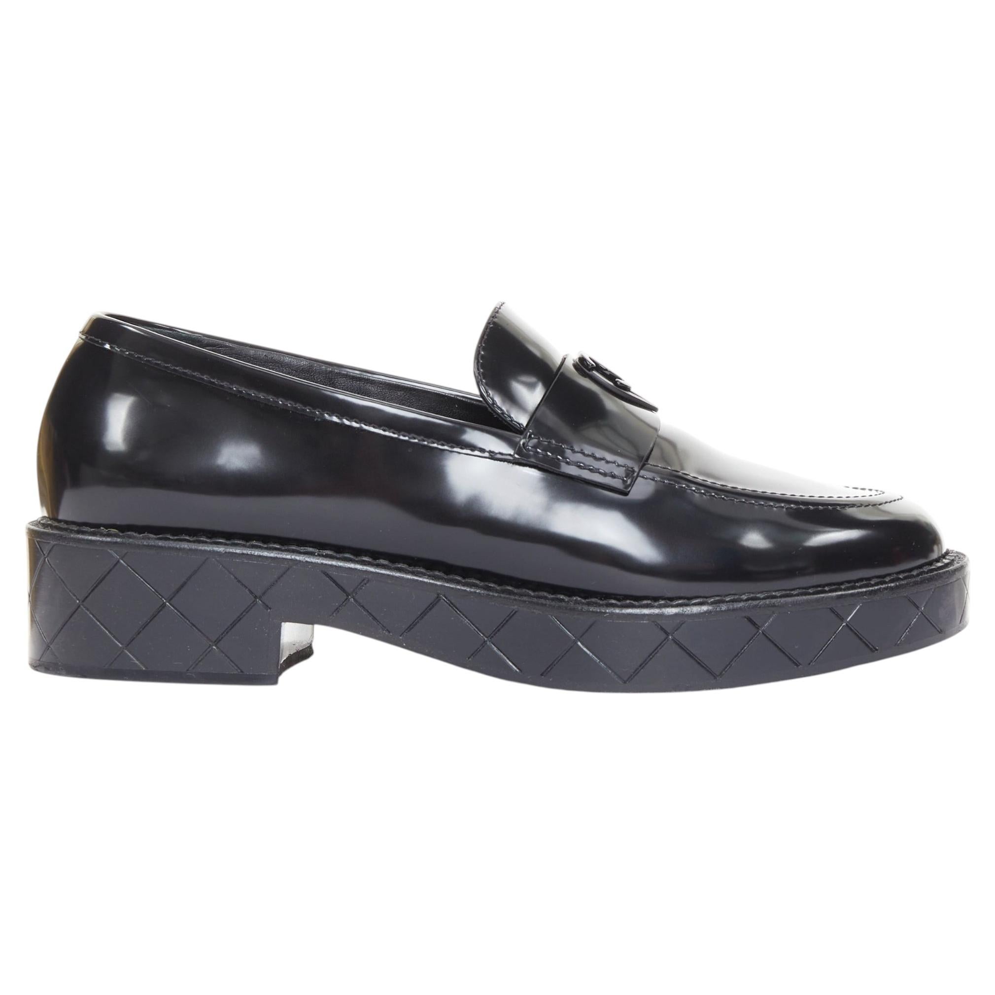 Pre-owned Chanel 24k Heart Cc Black Leather Quilted Platform Penny Loafers Shoes Eu39.5