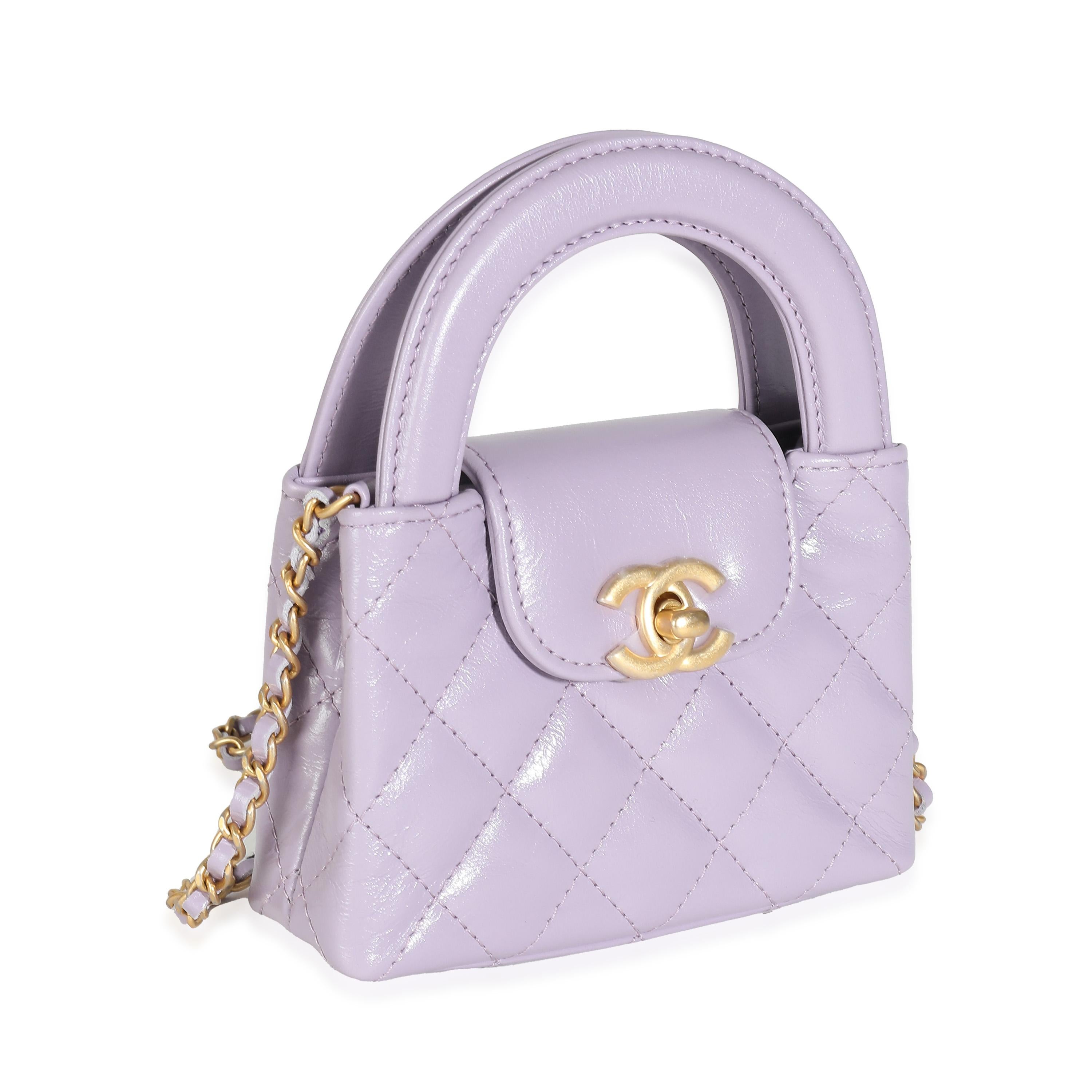 Chanel 24P Light Purple Quilted Shiny Aged Calfskin Mini Nano Kelly Shopper In Excellent Condition For Sale In New York, NY