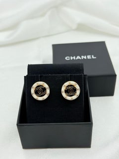 Chanel 24P White Black Enamel CC Round Stud Earrings